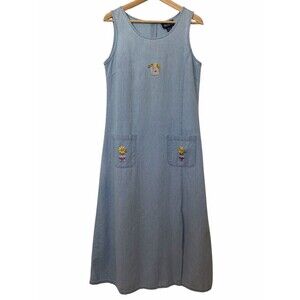 Blue J Embroidered Floral Pockets Sleeveless Maxi Dress Blue Denim Cotton Sz M